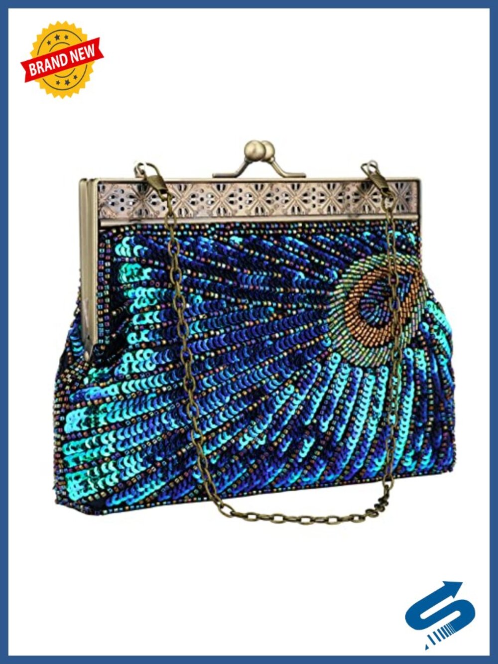 Sequined Beaded Evening Clutch Peacock Wedding Party Bag with Chain Strap